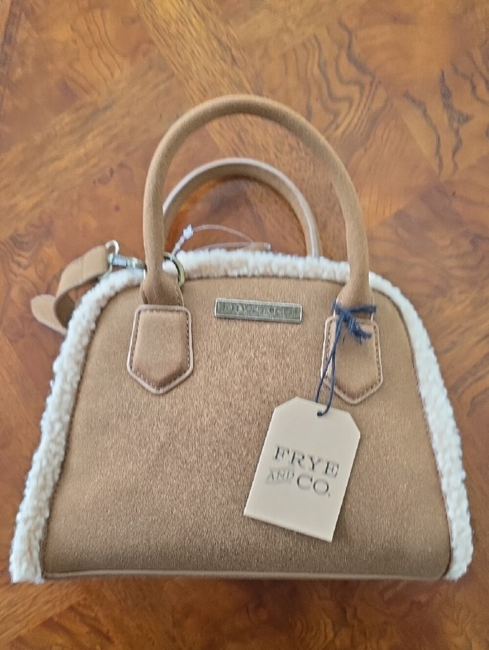 Frye & Co. Holiday Satchel Cognac Sherpa Trim Crossbody Bag - NEW - Picture 3 of 11
